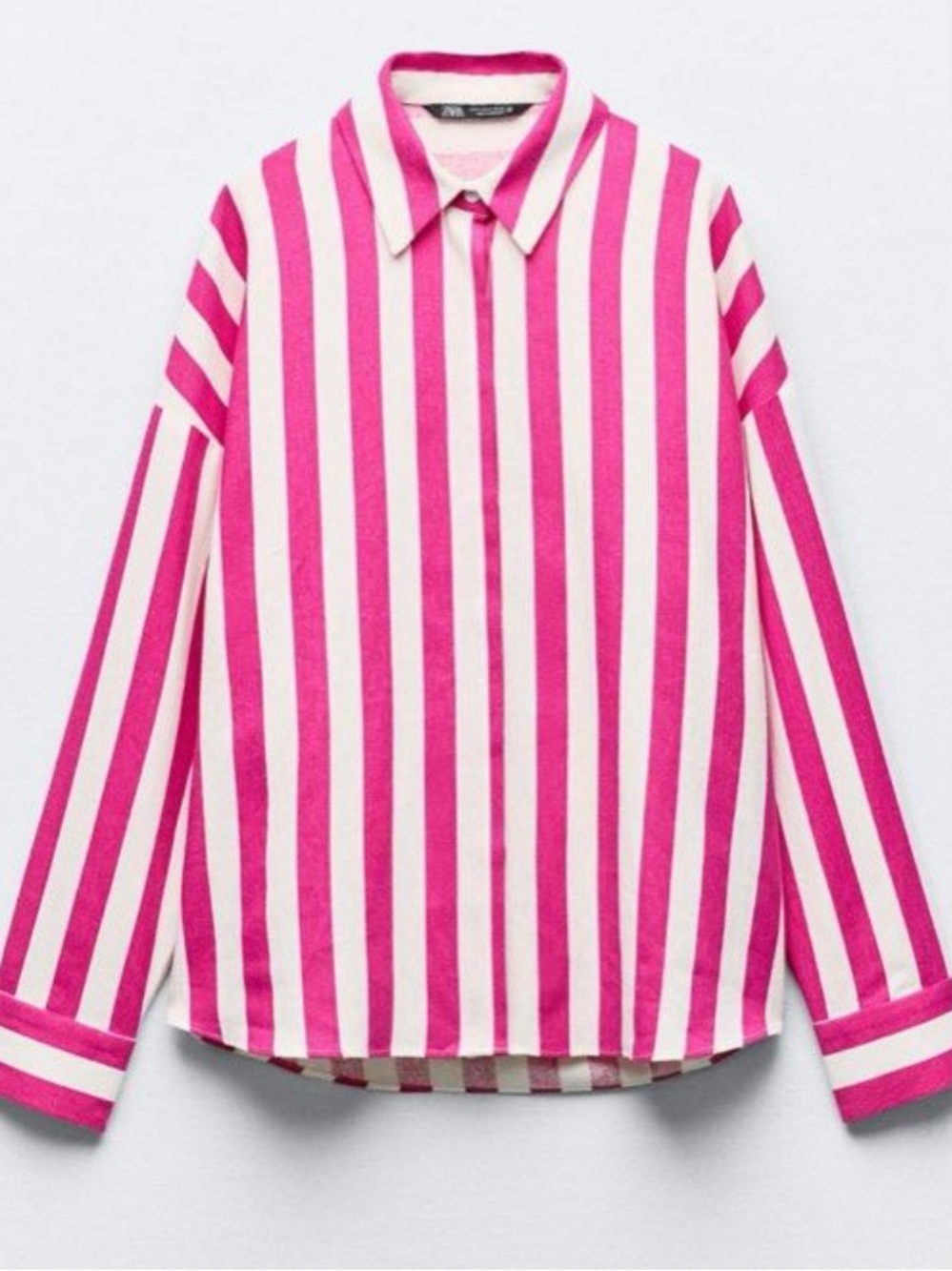 Zara Linen Blend Striped Button-Down Shirt in Fuchsia & White